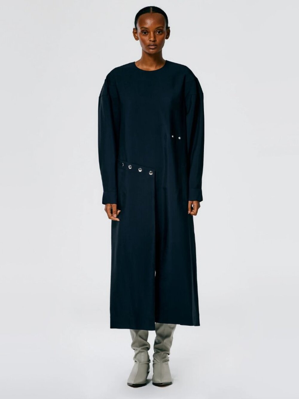 Tibi Viscose Plainweave Asymmetric Flap Snap Dress in Navy, size 12 - Picture 5 of 11